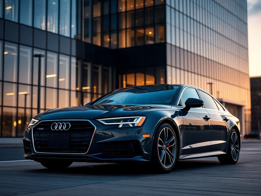 Dark grey Audi A6 luxury sedan outside a modern glass office tower at dusk