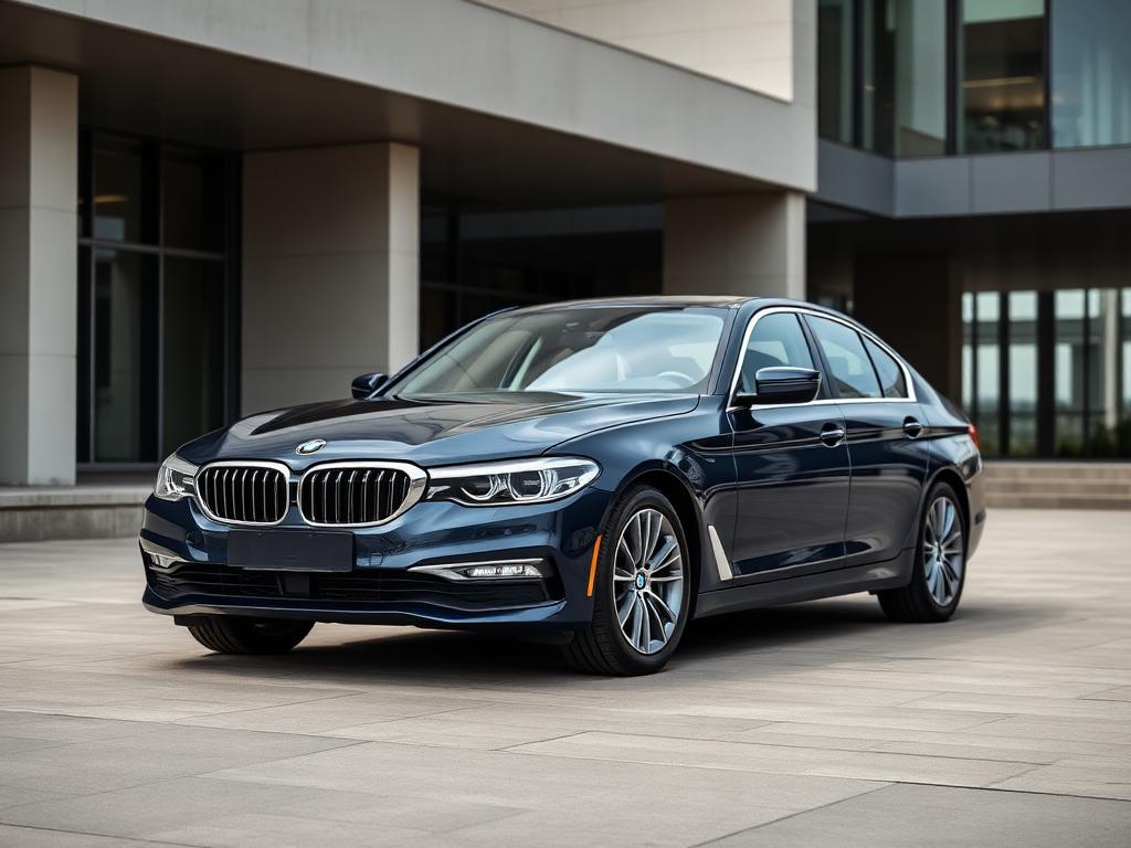 Dark blue BMW 5 Series sedan parked outside modern architecture