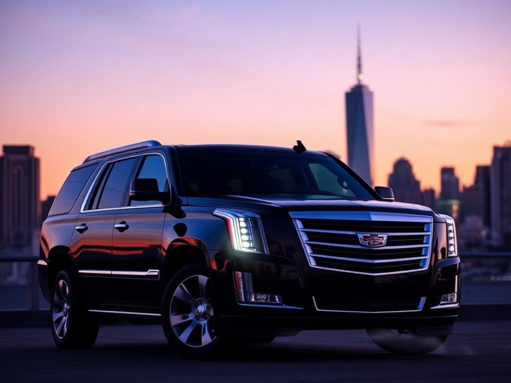 Black Cadillac Escalade luxury SUV against a city skyline at dusk