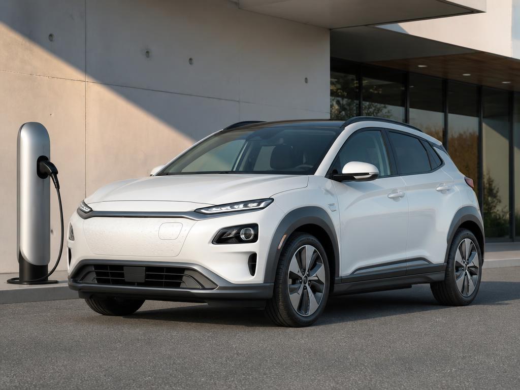 Light blue Chevrolet Bolt EUV electric hatchback at a city charging station