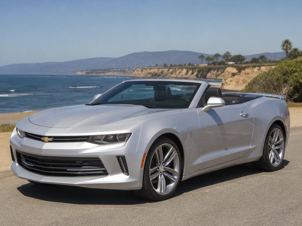 Silver Chevrolet Camaro convertible with the top down on a coastal road