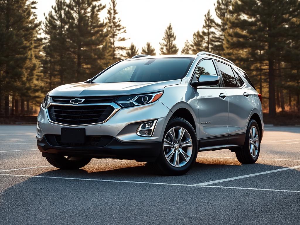 Silver Chevrolet Equinox SUV in a national park parking area with pine trees
