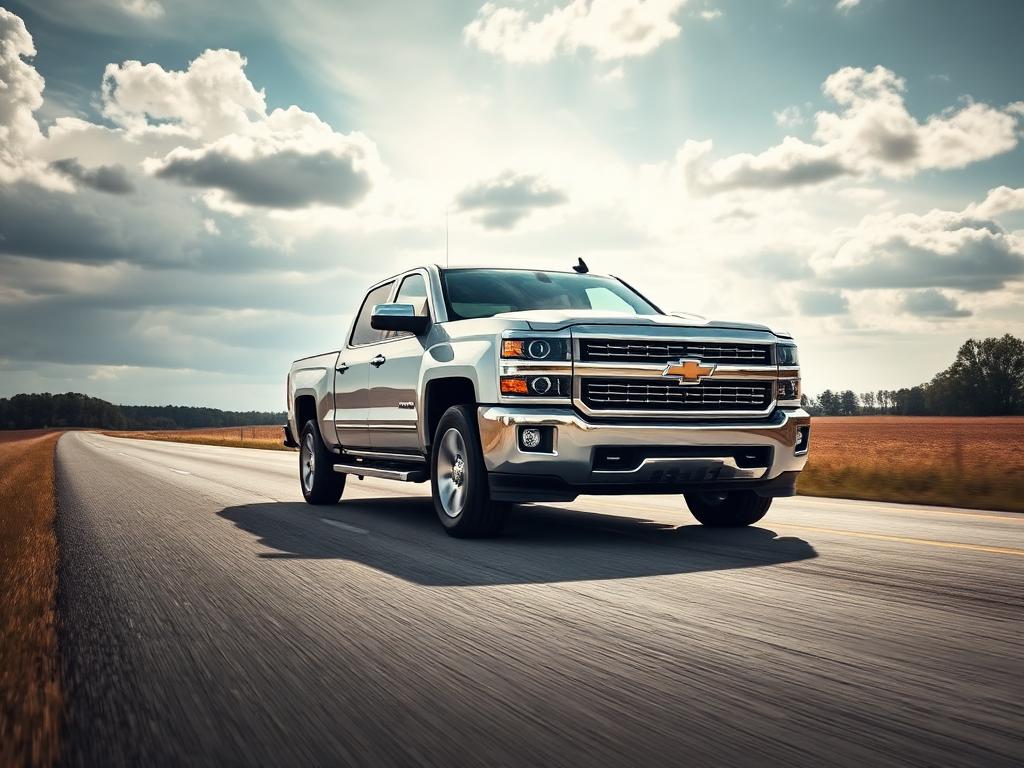 Silver Chevrolet Silverado crew cab pickup on a rural highway under big skies