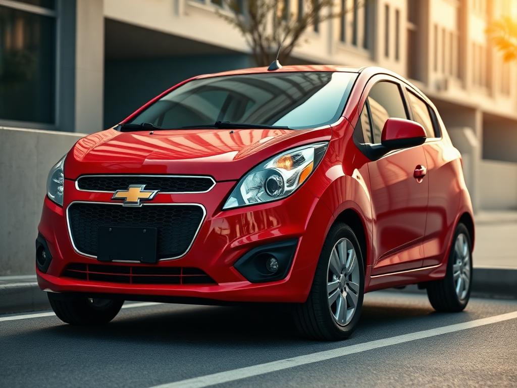 Red Chevrolet Spark city car in a compact urban parking space