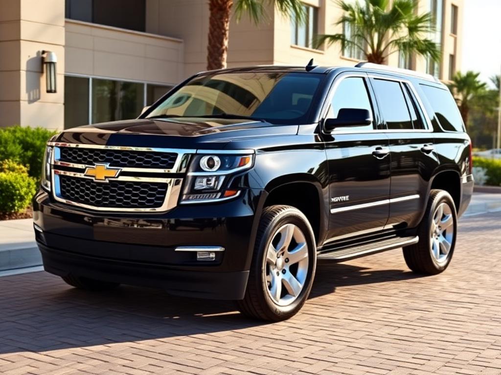 Black Chevrolet Tahoe full-size SUV parked at a hotel entrance
