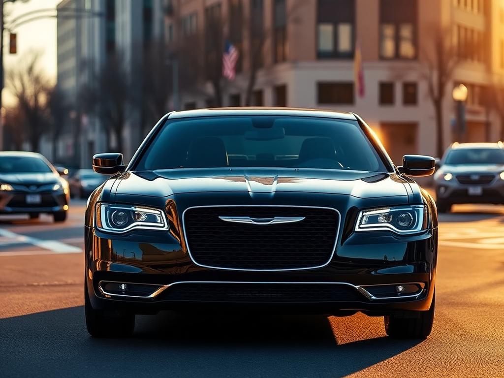 Black Chrysler 300 full-size sedan on a downtown street at golden hour