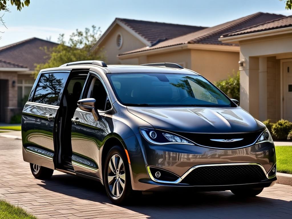 Grey Chrysler Pacifica minivan with a sliding door open in a driveway