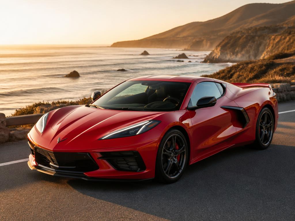 Red Chevrolet Corvette Stingray sports car on a coastal highway at sunset