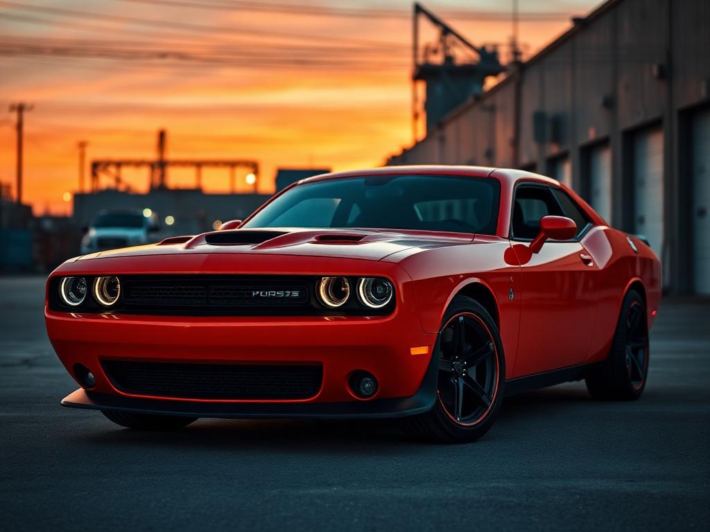 Orange Dodge Challenger muscle coupe parked in an industrial district at dusk