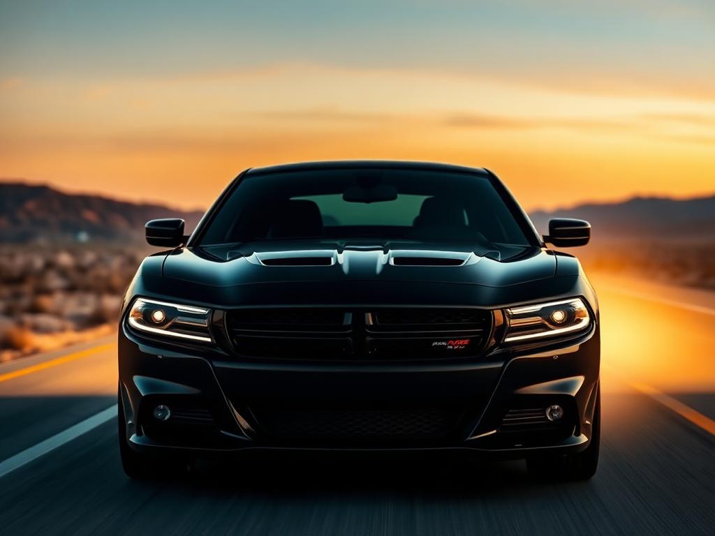 Black Dodge Charger full-size sedan on an open desert highway at sunset