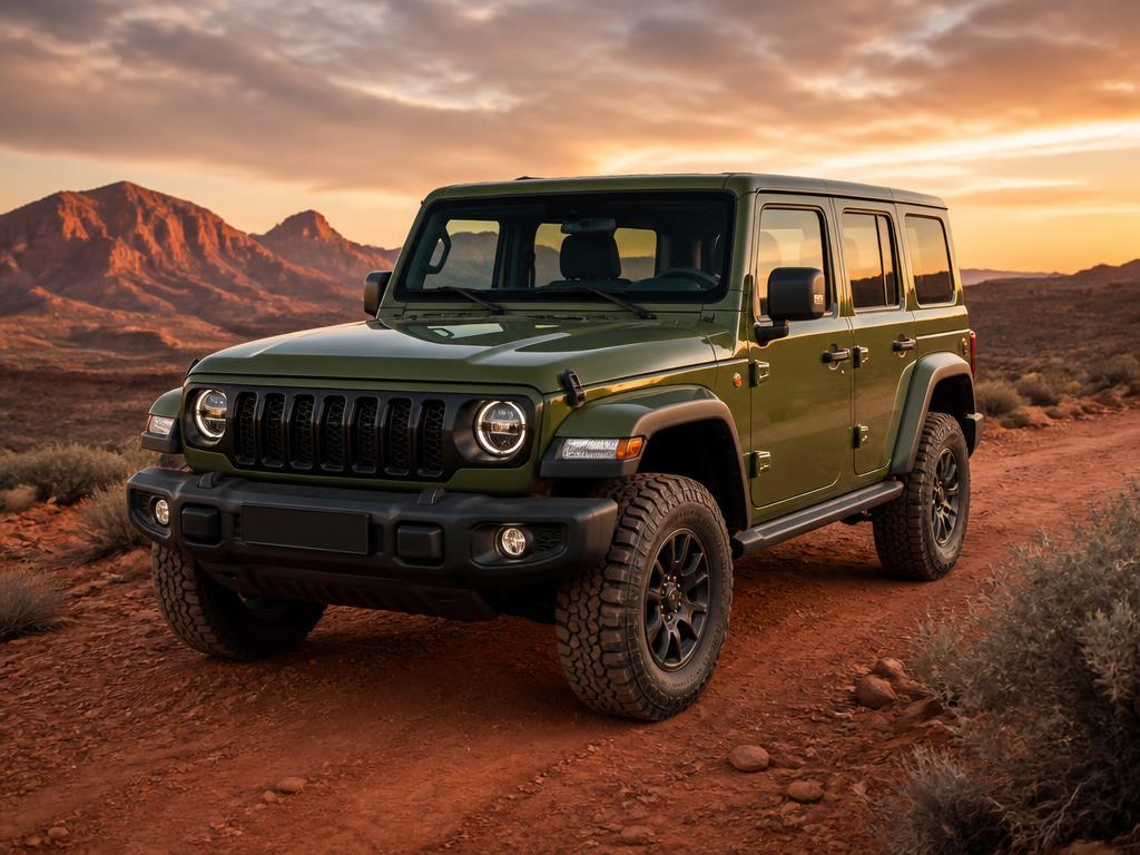 Green Ford Bronco off-road SUV on a red dirt desert trail