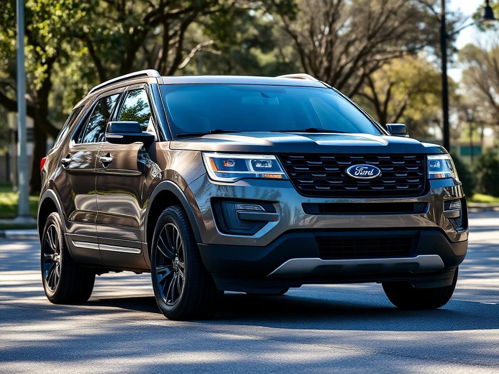 Dark grey Ford Explorer three-row SUV on a tree-lined road