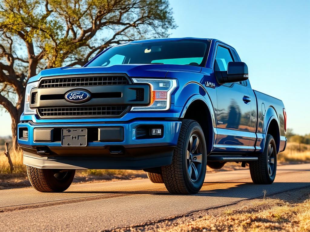 Blue Ford F-150 crew cab pickup truck on a ranch road