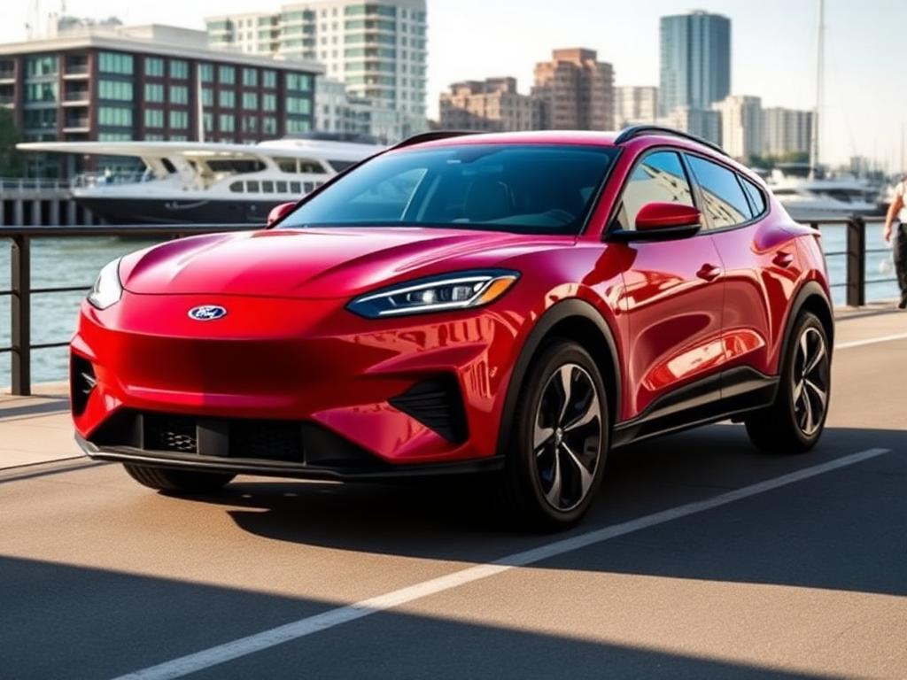 Red Ford Mustang Mach-E electric crossover on an urban waterfront road