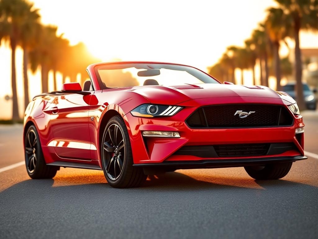Red Ford Mustang convertible with the top down on a palm-lined boulevard