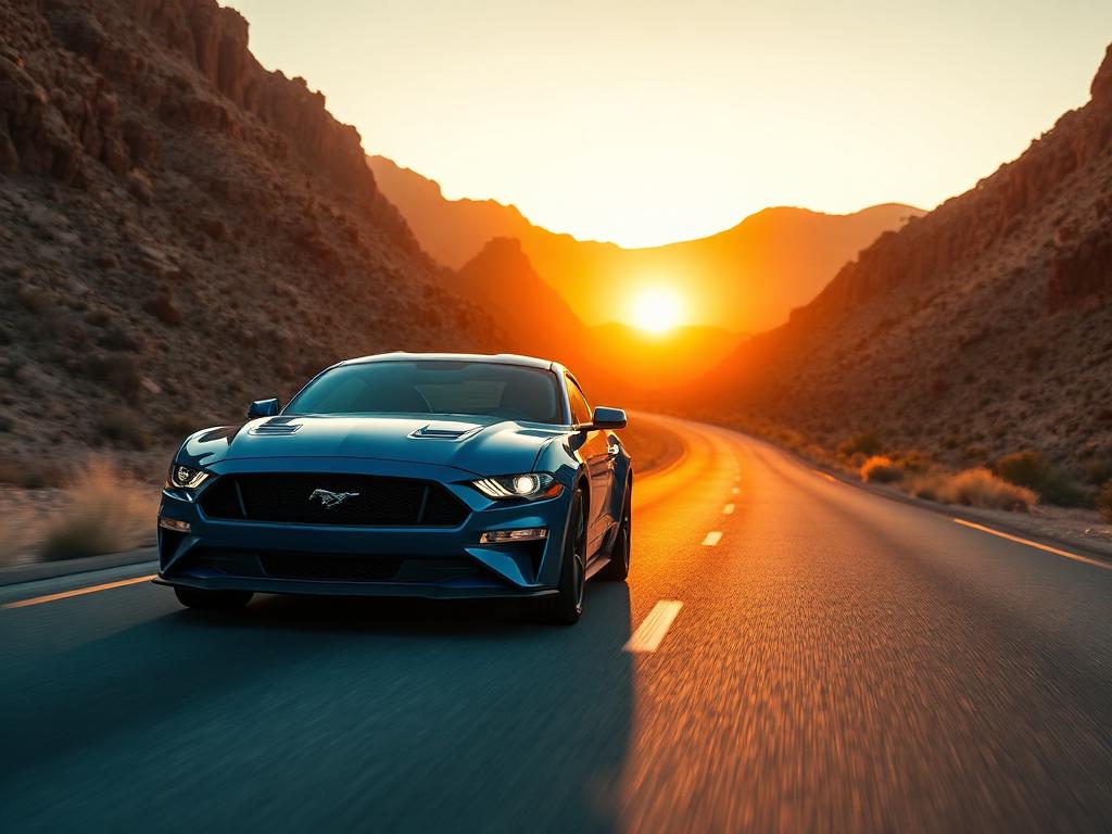 Blue Ford Mustang GT coupe on an open canyon road at golden hour