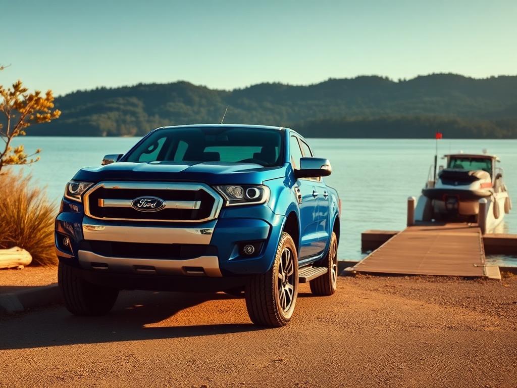 Blue Ford Ranger midsize pickup truck parked at a lakeside boat ramp