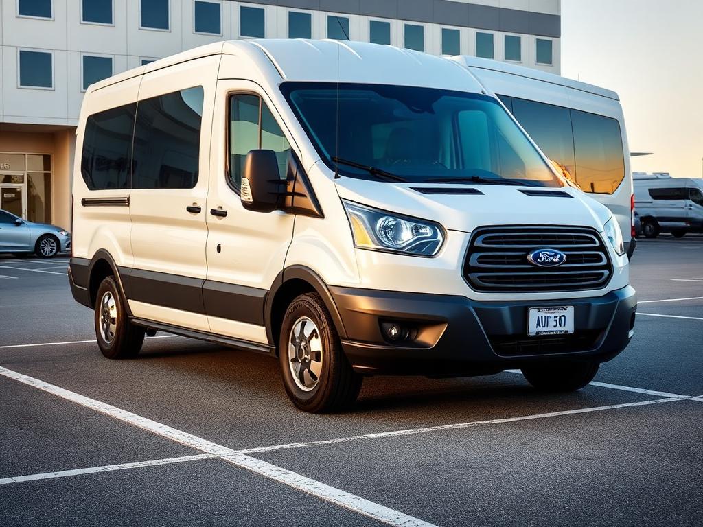 White Ford Transit twelve-passenger van parked in an airport hotel lot