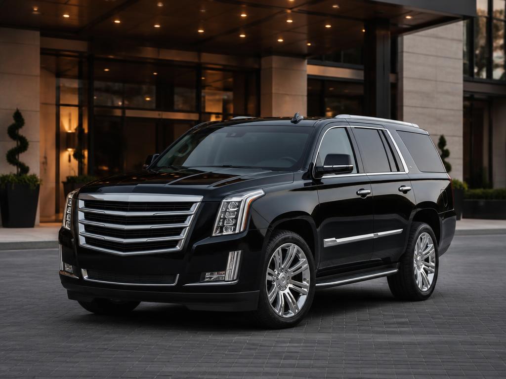 Black GMC Yukon XL full-size SUV parked outside a resort hotel entrance