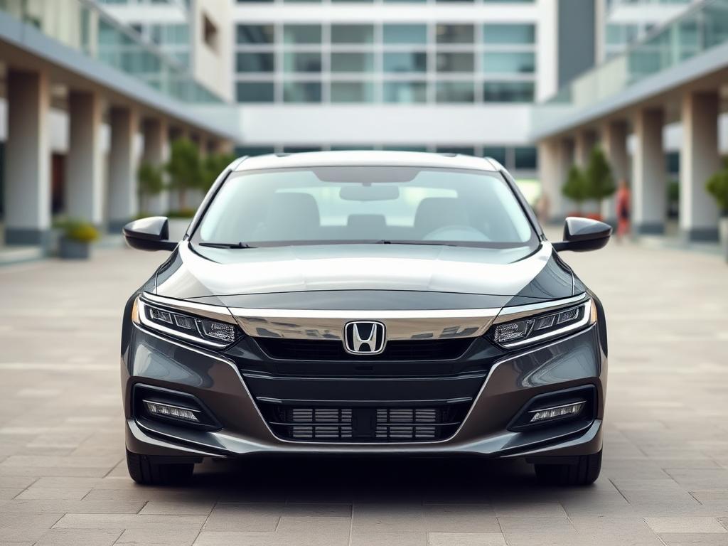 Dark grey Honda Accord sedan parked outside a modern office plaza