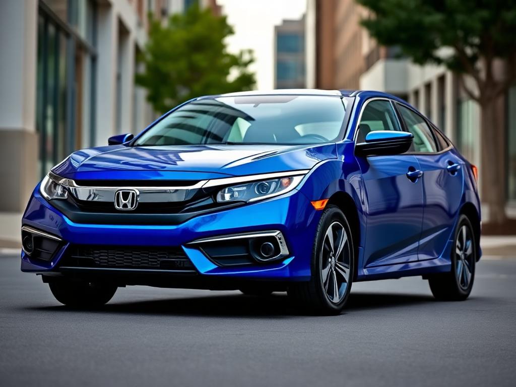 Blue Honda Civic sedan parked beside a modern city building