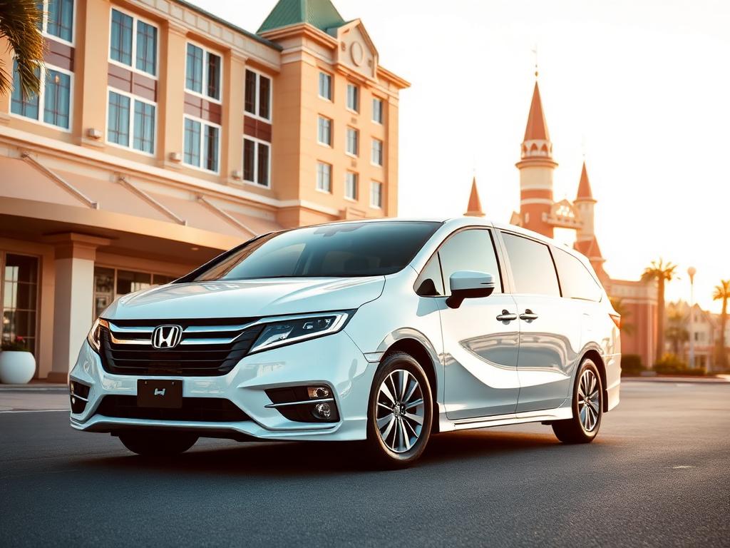 White Honda Odyssey minivan parked outside a theme park hotel