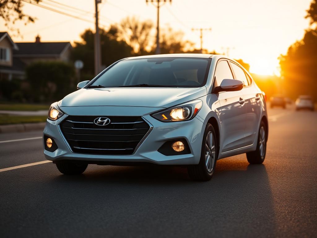 White Hyundai Accent compact sedan on a suburban road at golden hour