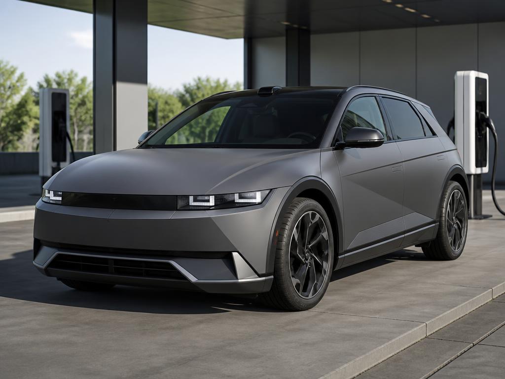 Matte grey Hyundai Ioniq 5 electric crossover in a concrete plaza