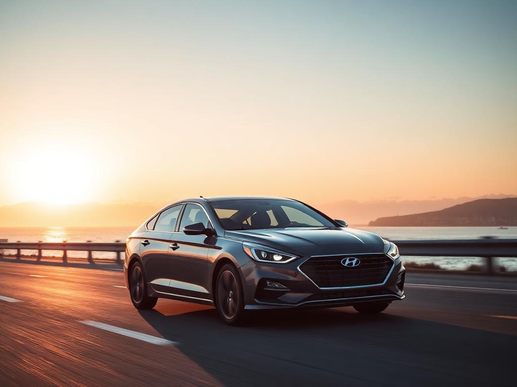 Graphite Hyundai Sonata midsize sedan on a coastal highway at sunset