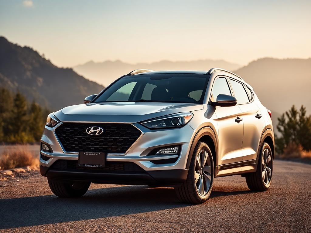 Light grey Hyundai Tucson compact SUV parked on a mountain road pull-off