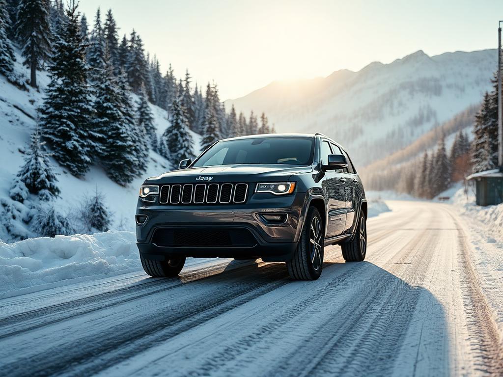 Dark grey Jeep Grand Cherokee SUV on a snowy mountain road