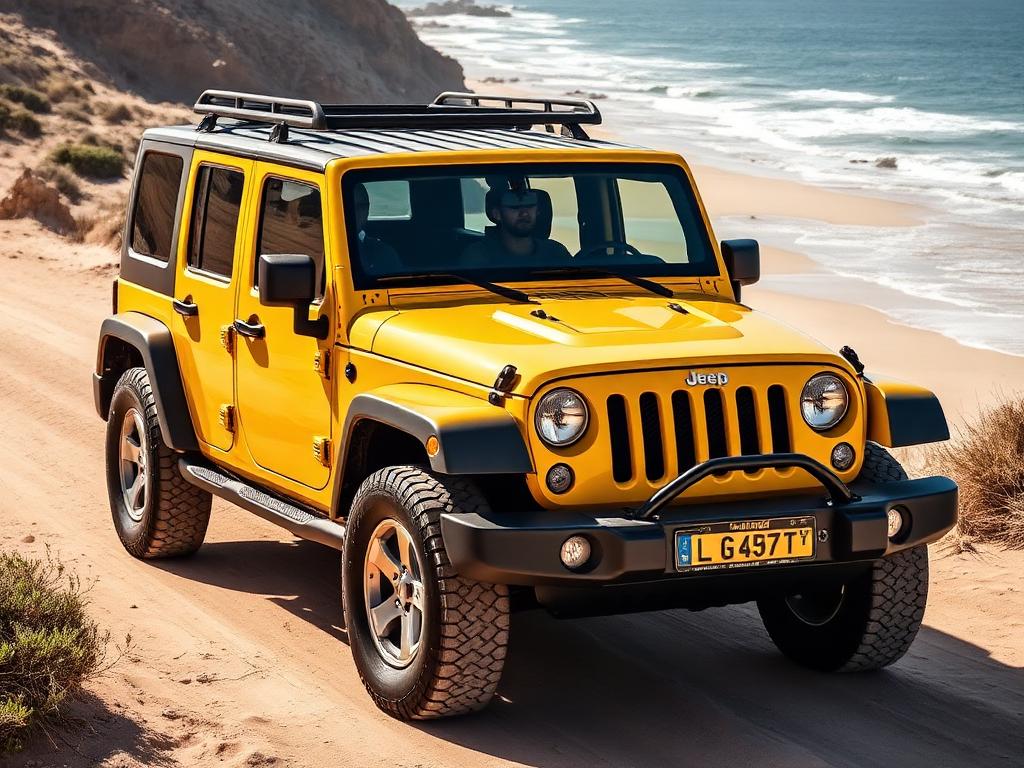 Yellow four-door Jeep Wrangler parked on a sandy coastal road