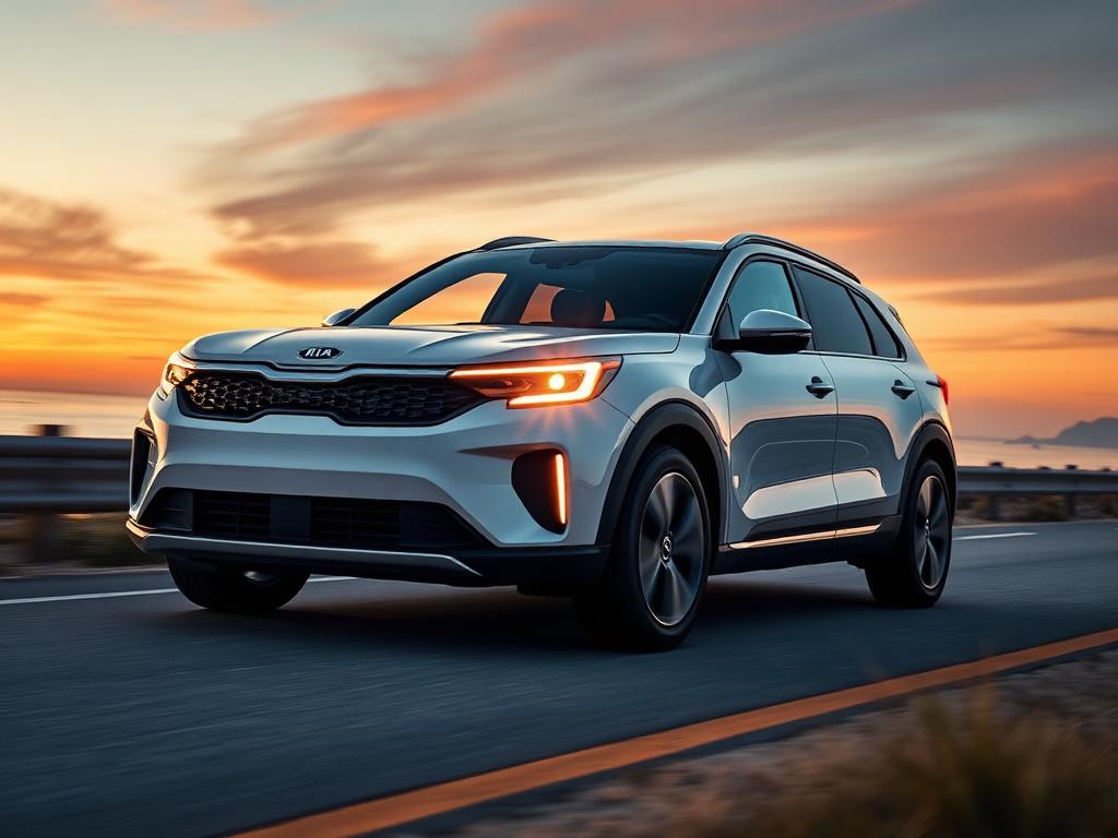 White Kia EV6 electric crossover on a coastal road at sunset