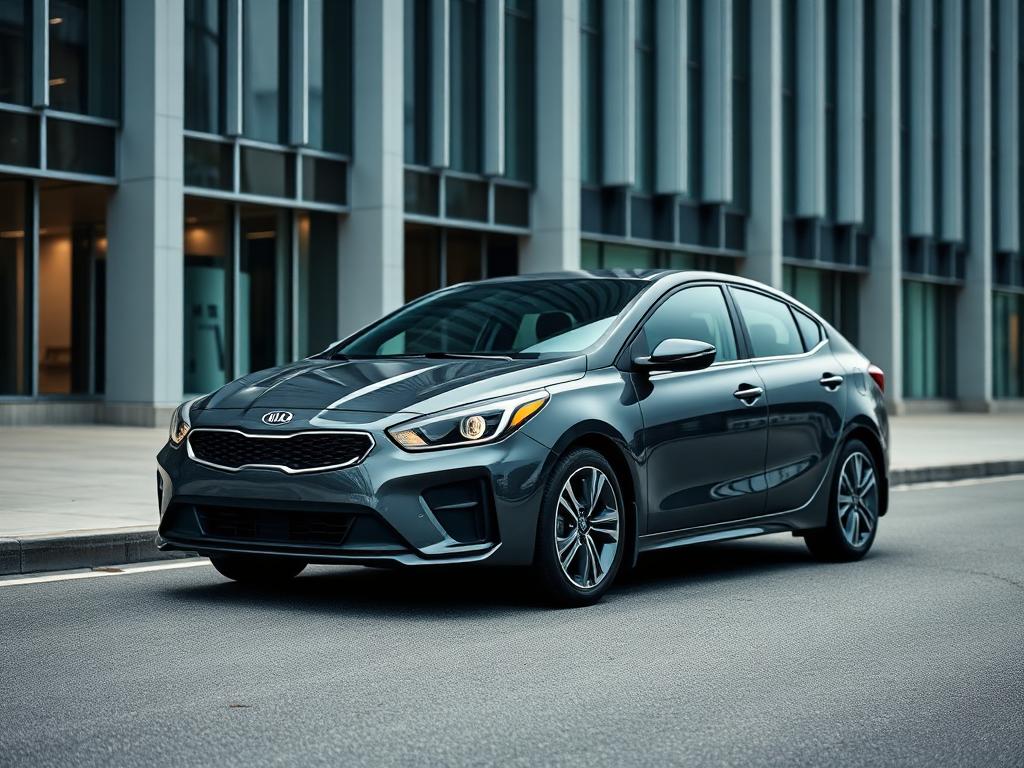 Dark grey Kia Forte compact sedan parked outside a modern office building
