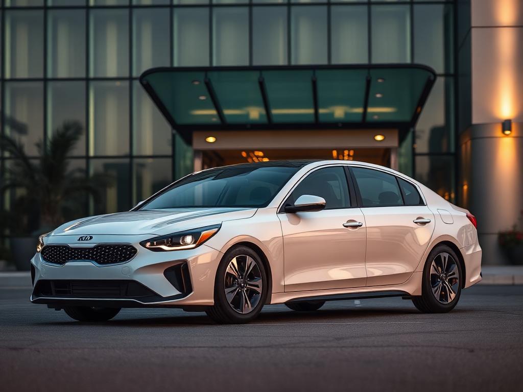 White Kia K5 midsize sedan parked in front of a glass hotel entrance at dusk