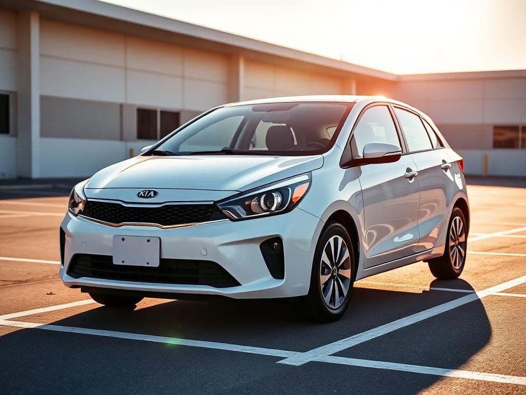 White Kia Rio compact car parked in a clean lot at sunset