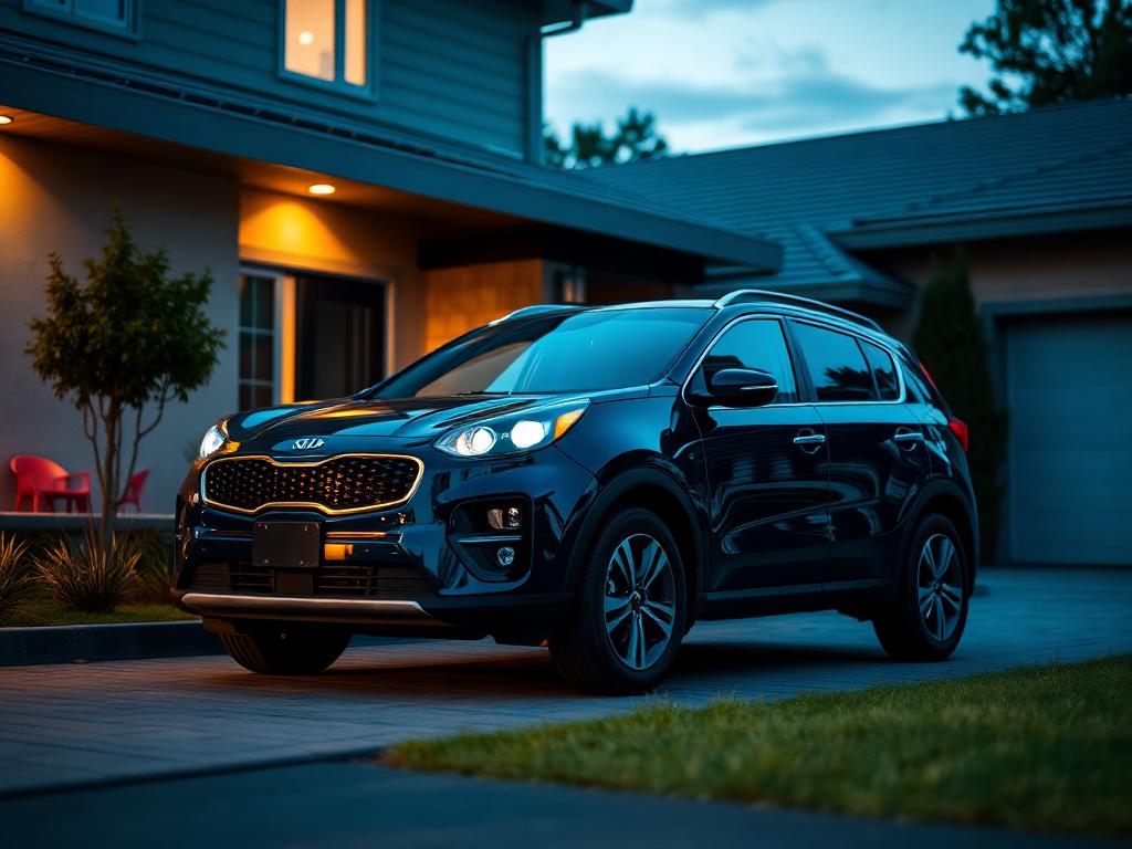 Dark blue Kia Sportage compact SUV parked outside a modern suburban home at dusk