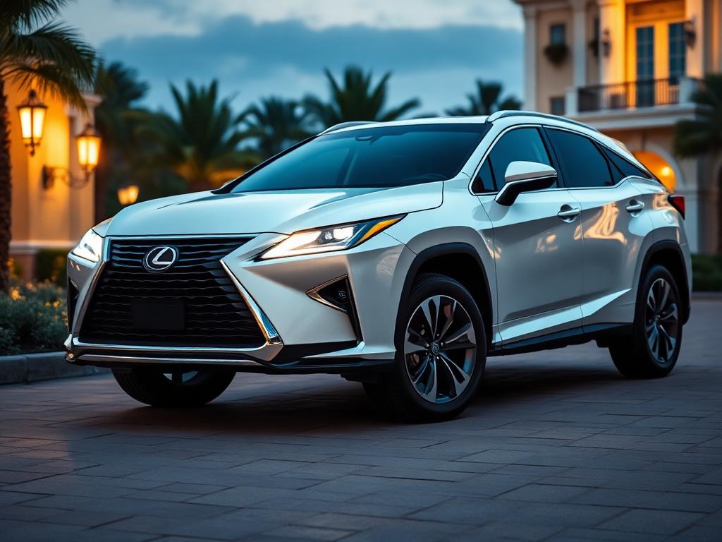 White Lexus RX luxury SUV parked at an upscale hotel driveway