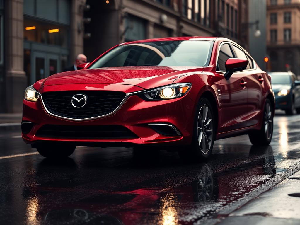 Deep red Mazda 6 sedan on a wet city street with reflections