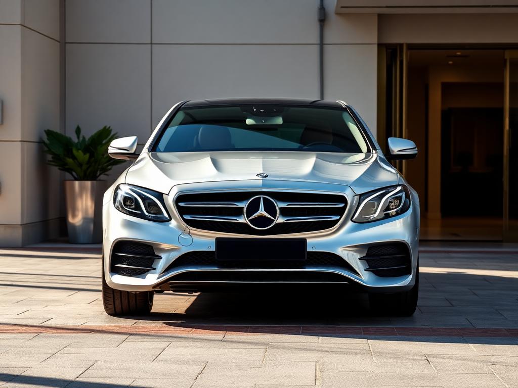 Silver Mercedes-Benz E-Class sedan parked at a hotel entrance