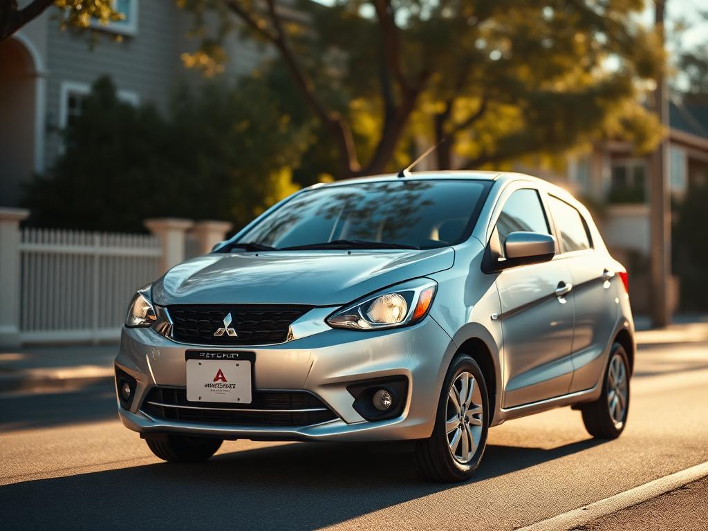 Silver Mitsubishi Mirage hatchback parked on a sunlit residential street