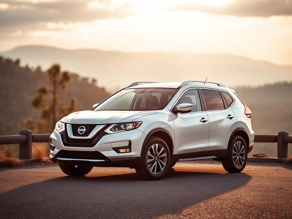 Pearl white Nissan Rogue compact SUV parked at a scenic overlook
