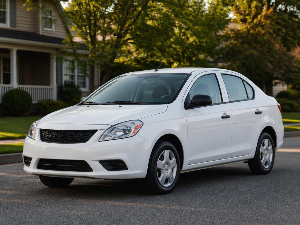 Silver Nissan Versa economy sedan parked on a sunlit city street