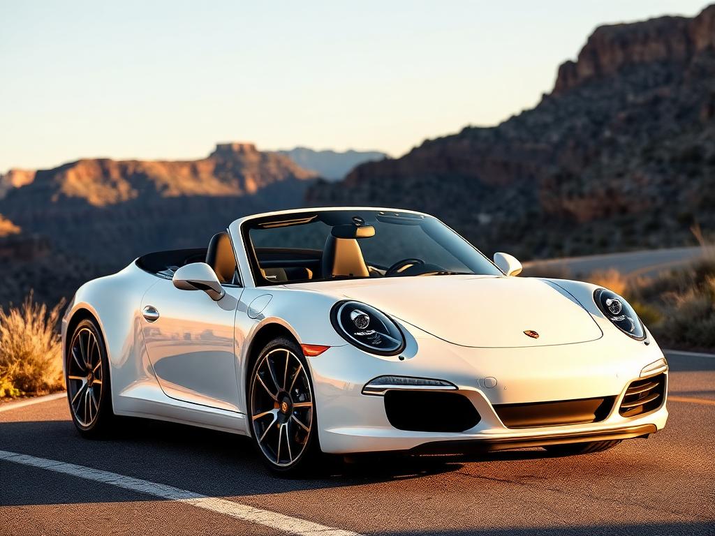 White Porsche 911 cabriolet with the top down on a canyon road overlook