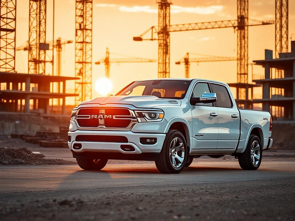 White Ram 1500 crew cab pickup truck at a construction site at golden hour