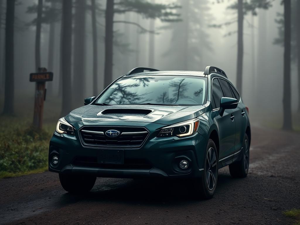 Dark green Subaru Outback wagon parked at a misty forest trailhead
