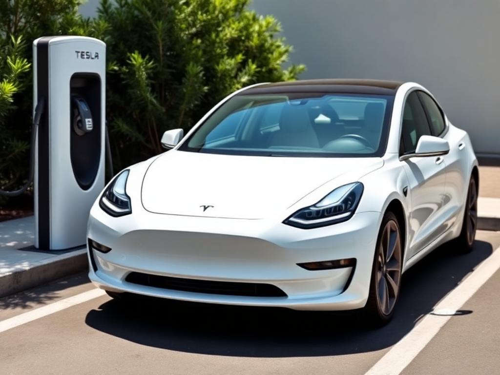 White Tesla Model 3 electric sedan parked beside a charging station