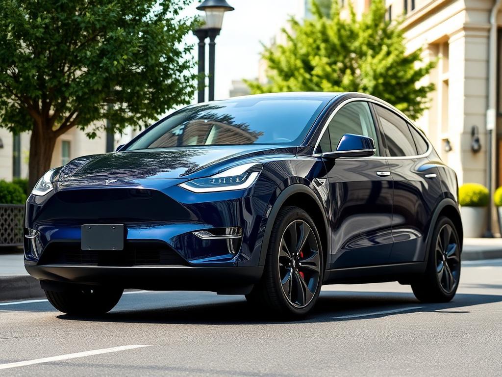 Midnight blue Tesla Model Y electric crossover on a city street