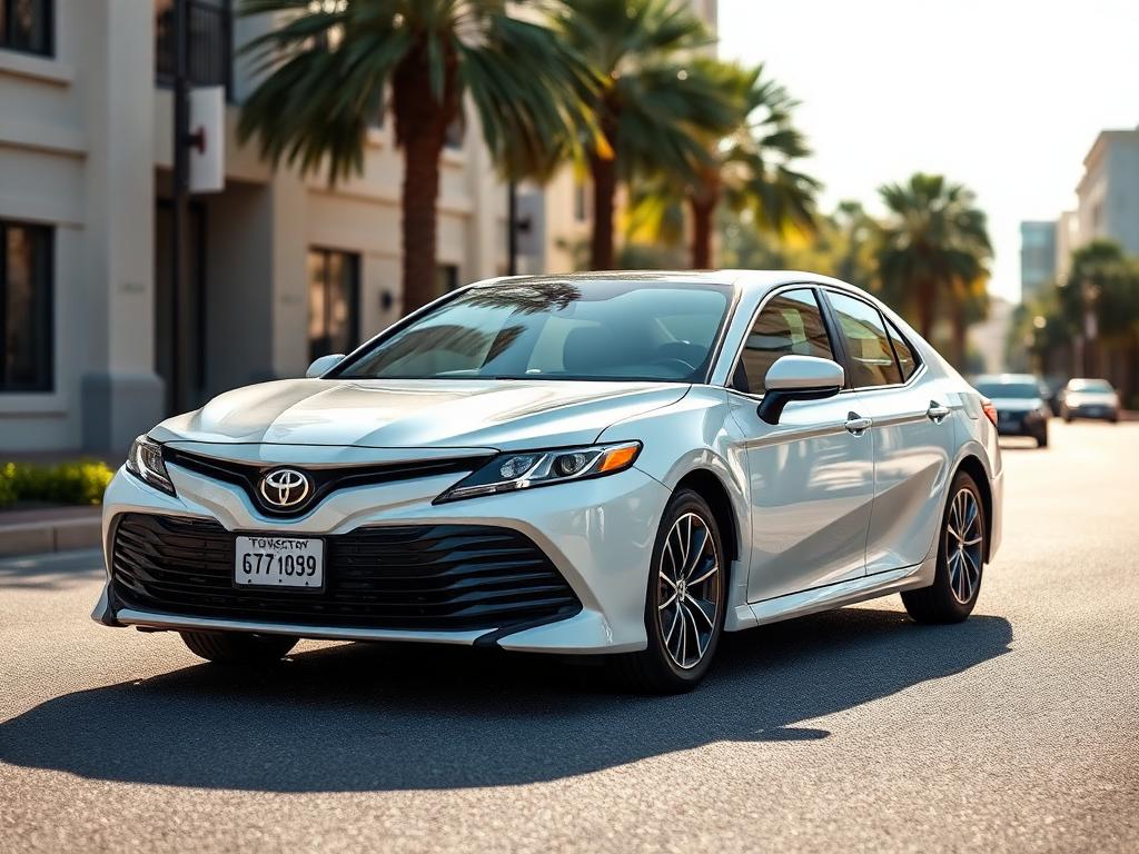 White Toyota Camry sedan parked on a palm-lined street
