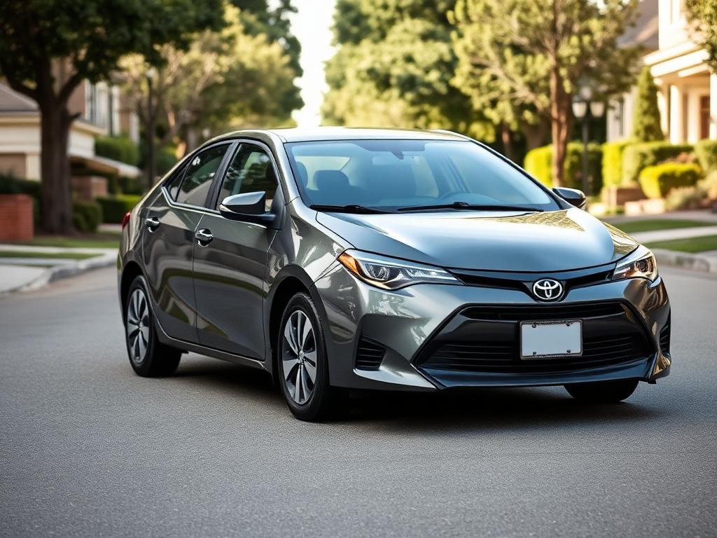 Grey Toyota Corolla sedan parked on a tree-lined residential street